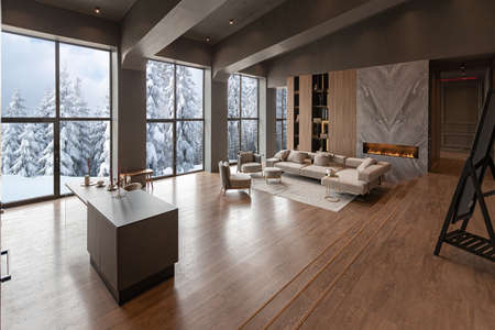 chic modern design of a dark expensive interior of a luxurious country house with huge panoramic...