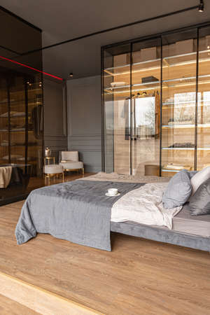 bedroom and freestanding bath behind a glass partition in a chic expensive interior of a luxury home with a dark modern design with wood trim and led lightの写真素材