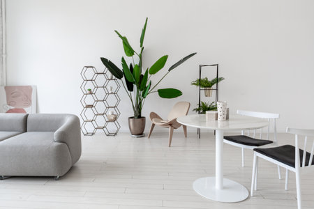 simple minimalistic modern interior design of light bright room with clean white wallsの写真素材