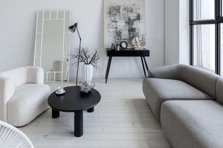 modern minimalistic interior design of light bright monochrome room with black and white furniture,...