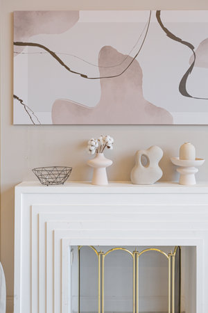 the latest fashion home trends in an ultra modern elegant interior of a cozy studio in soft pastel...