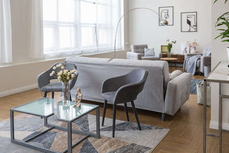 minimalist modern interior design huge bright apartment with an open plan in Scandinavian style in...