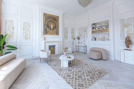 snow-white luxury apartment interior with Egyptian-style decor with light stylish furniture. huge...