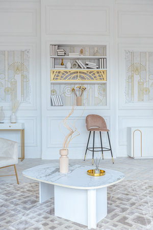 snow-white luxury apartment interior with Egyptian-style decor with light stylish furniture. huge...