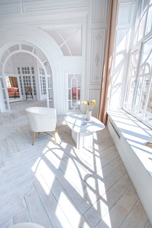 snow-white luxury apartment interior with Egyptian-style decor with light stylish furniture. huge...