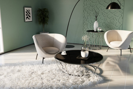 Stylish luxury cozy interior of modern apartment with simple contemporary soft light beige...