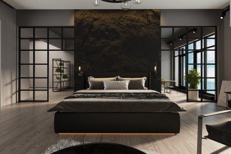 Interior of modern bedroom with black walls, wooden floor, comfortable king size bed and black...