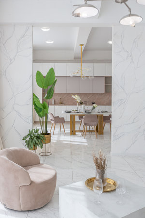 light luxury interior design of a modern apartment in a minimalist style with marble trim and huge windows. daylight inside the kitchen and living roomの写真素材