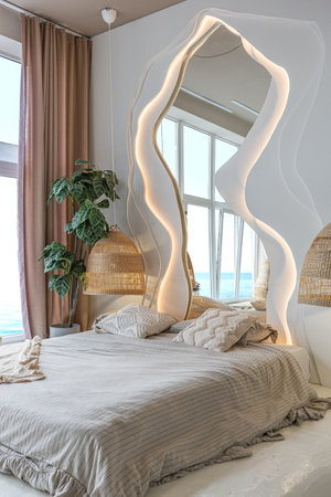 the interior of the bedroom in Balinese style by a large window with an awesome view of the sea. behind the bed is a curved mirror with LED illuminationの写真素材