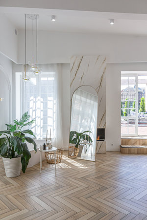 spacious open-plan apartment with stylish modern bright design, dressing area, bedroom, living room and bathroom on a sunny dayの写真素材