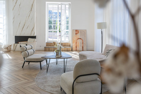 spacious open-plan apartment with stylish modern bright design, dressing area, bedroom, living room...