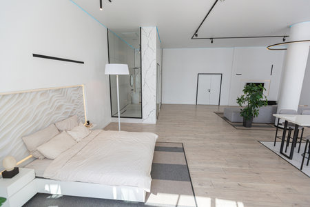 minimalistic modern luxury design of an expensive house with marble trim on a sunny day. white walls with plaster, parquet, decorative lighting and no one insideの写真素材