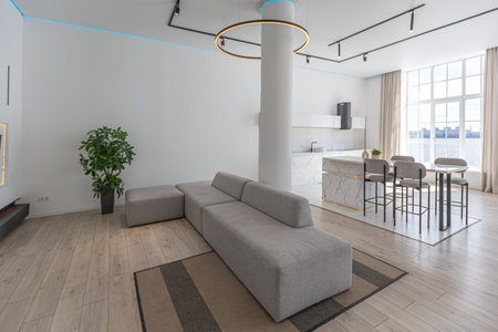 minimalistic modern luxury design of an expensive house with marble trim on a sunny day. white walls with plaster, parquet, decorative lighting and no one insideの写真素材