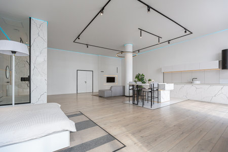minimalistic modern luxury design of an expensive house with marble trim on a sunny day. white walls with plaster, parquet, decorative lighting and no one insideの写真素材