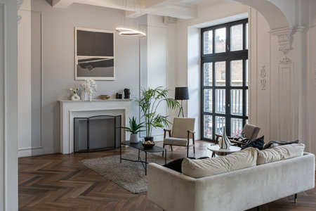 a chic expensive bright interior of a huge living room in a historic mansion with arched arches,...