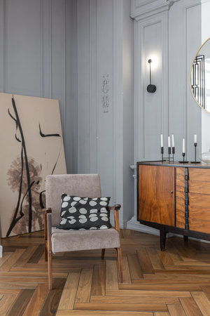 a chic expensive bright interior of a huge living room in a historic mansion with arched arches,...