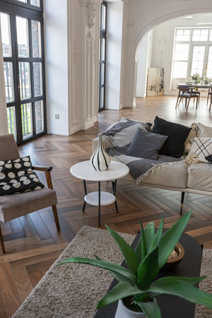 a chic expensive bright interior of a huge living room in a historic mansion with arched arches,...
