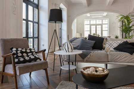a chic expensive bright interior of a huge living room in a historic mansion with arched arches,...