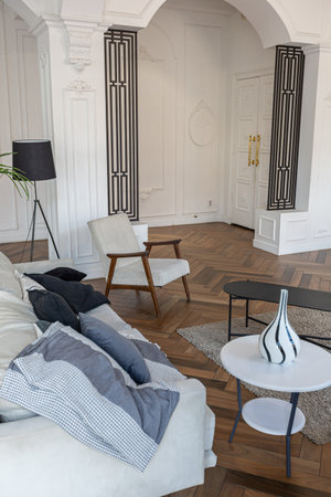 a chic expensive bright interior of a huge living room in a historic mansion with arched arches, columns and white walls decorated with ornaments and stucco.の写真素材