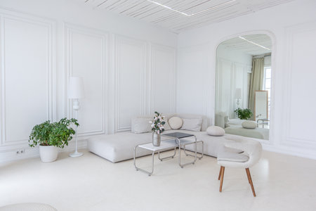 interior of a bright living room in a luxurious baroque style with white walls decorated with...