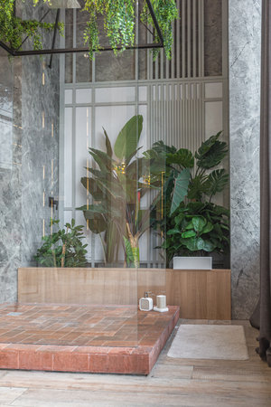 huge modern spacious apartment with high ceilings, panoramic windows with fantastic view, wooden decor, kitchen area, separate shower in greenery and dressing roomの写真素材