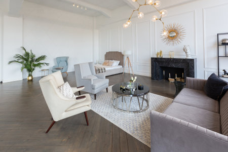 Modern luxury stylish apartment interior in pastel colors. a very bright room with huge windows...