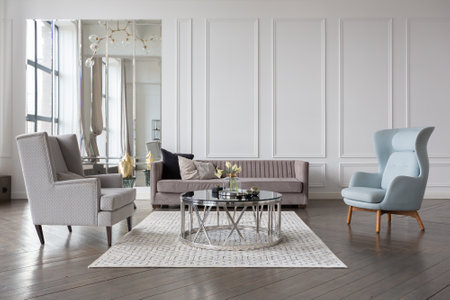 Modern luxury stylish apartment interior in pastel colors. a very bright room with huge windows...