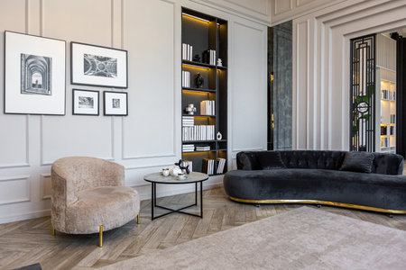 stylish cozy light bright luxurious spacious interior of a country house white walls with ornaments,...