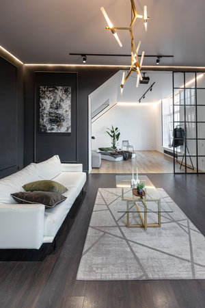 minimalistic stylish interior of luxury apartment with white stylish bedroom and dark living room....