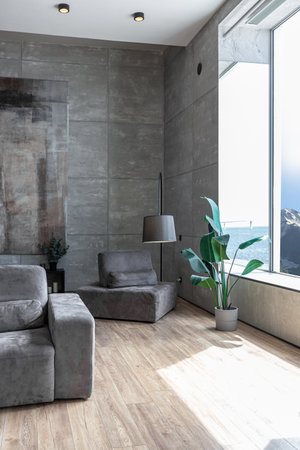 stylish minimalistic restrained modern interior of the apartment, a spacious room with a swimming...