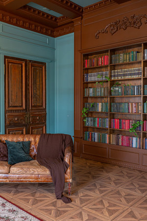 Luxury interior of home library. Sitting room with elegant furnitureの写真素材