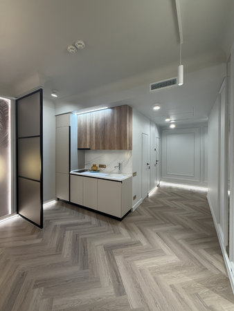 A contemporary apartment interior showcases a spacious layout with sleek wooden flooring and modern lighting fixtures. The kitchen area features minimalist cabinetry for a clean look.の写真素材
