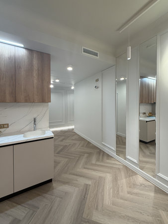 A contemporary apartment interior showcases a spacious layout with sleek wooden flooring and modern lighting fixtures. The kitchen area features minimalist cabinetry for a clean look.の写真素材