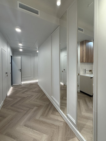 Bright hallway features sleek doors and subtle decorative wall elements. The flooring combines natural wood tones, while soft lighting creates a warm ambiance.の写真素材