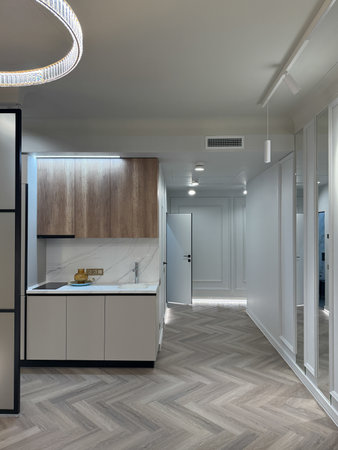 A contemporary apartment interior showcases a spacious layout with sleek wooden flooring and modern lighting fixtures. The kitchen area features minimalist cabinetry for a clean look.の写真素材
