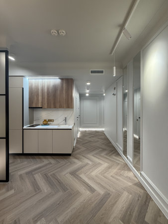 A contemporary apartment interior showcases a spacious layout with sleek wooden flooring and modern lighting fixtures. The kitchen area features minimalist cabinetry for a clean look.の写真素材