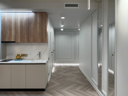 A contemporary apartment interior showcases a spacious layout with sleek wooden flooring and modern lighting fixtures. The kitchen area features minimalist cabinetry for a clean look.の写真素材
