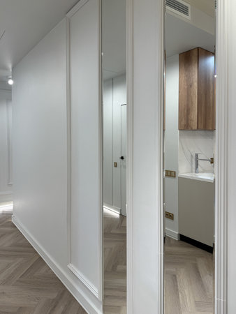 Bright hallway features sleek doors and subtle decorative wall elements. The flooring combines natural wood tones, while soft lighting creates a warm ambiance.の写真素材