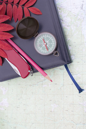 scientific expedition  on the map. compass. knifeの写真素材
