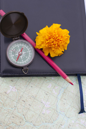 scientific expedition  on the map. compass. pencilの写真素材