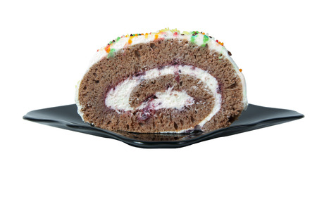 sweet food . chocolate cake on black saucer isolated over white background
