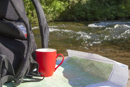 Scientific expedition along the river on the rocksの写真素材
