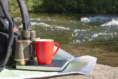 scientific expedition along the river on the rocksの写真素材
