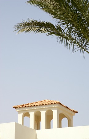 Medieval house in the Romanesque style, surrounded by palm trees.の写真素材