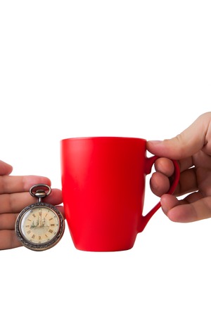 vintage   clock and  red  cup on white background. isolatedの写真素材