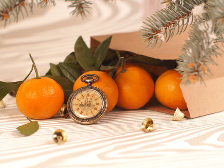Orange tangerines near winter trees. Christmas mood.の写真素材
