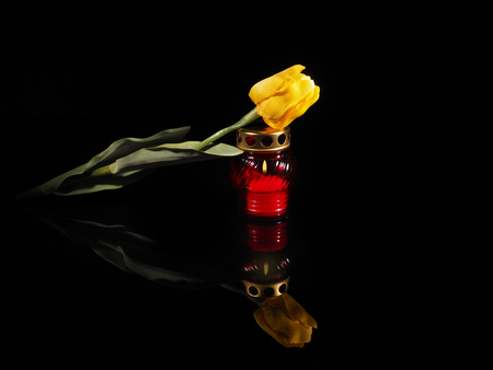 Burning candle in a red glass candlestick.の写真素材
