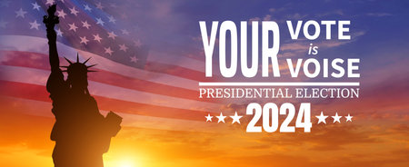 Statue of Liberty silhouette on sunset background. Presidential election. You vote is your voice. USA. 3d illustration.の写真素材