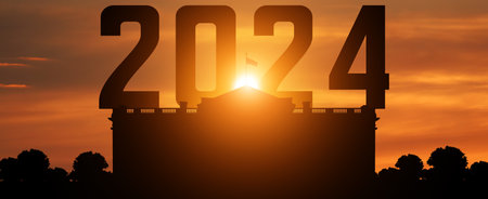 United States presidential election in 2024. White House silhouette on sunset background. USA flag....