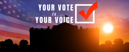 United States presidential election in 2024. White House silhouette on sunset background. USA flag....